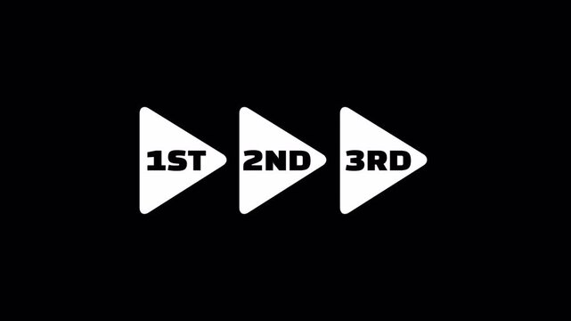 First second and third triangle sequence buttons on black, ideal for process stages, ranking flows, and animated step by step graphics, 1st 2nd 3rd.