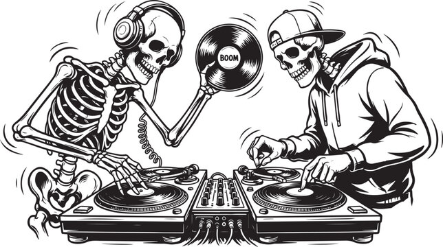 Skeleton djs mixing music with turntables and headphones