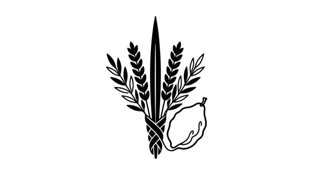 A black and white graphic illustration featuring a lulav and etrog symbol.
