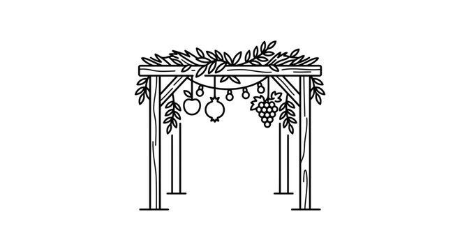 Hand drawn illustration of a rustic wooden wedding chuppah canopy decorated with fruit and foliage.