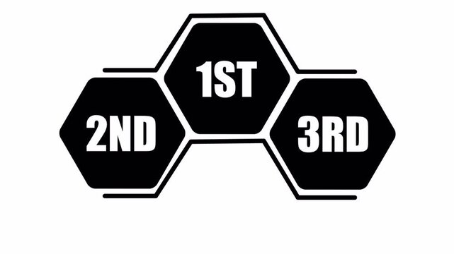 First second and third ranking badges connected in black and white, useful for results screens, step sequences, and animated competition graphics, 1st 2nd 3rd.