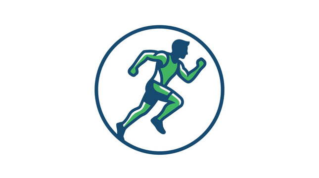Circular emblem featuring an athletic man running fast.