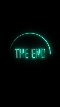 Neon green glowing text animation showing the end message with rotating light circle element on black background for cinematic closing titles or movie credit sequence motion.