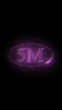 Neon pink 5m text sign in dark background, glowing shiny light effect on black backdrop, digit with letter motion graphic, illuminated modern design number five million.