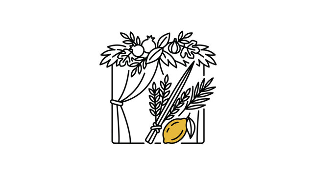 Line art illustration of a sukkah with lulav and etrog for Sukkot.