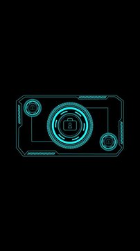 Futuristic digital interface animation with rotating circular scanning elements and centralized briefcase icon appearing inside glowing rectangular borders on dark background display.