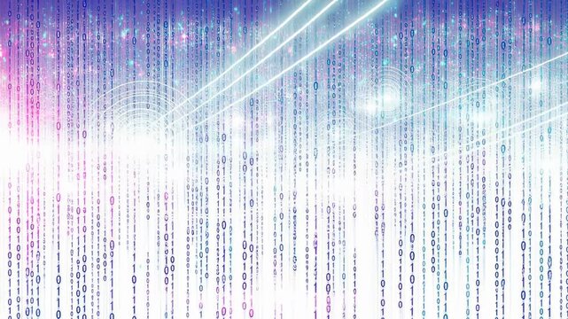 Abstract digital data rain with binary code and futuristic light effects representing technology and information flow
