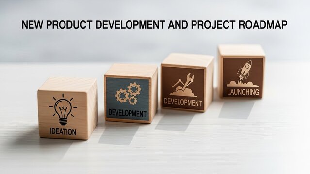 New Product Development and Project Roadmap Concept with Wooden Blocks for Ideation, Development, and Launching Stages