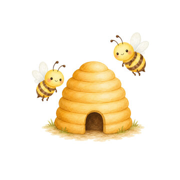 Cute Honey Bee Watercolor Clipart Set with Beehive, Honey Jar, Honeycomb, Flowers and Rainbow