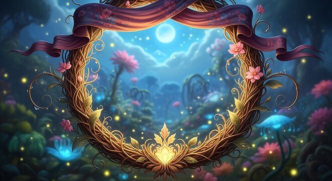 Enchanted vine wreath frame in a magical moonlit forest