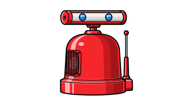Red cartoon robot toy with blue eyes and silver antenna on white background