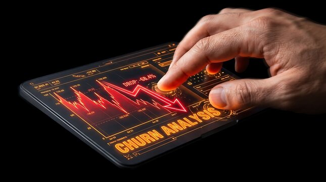 Hand Interacting with Digital Churn Analysis Display on Transparent Device.