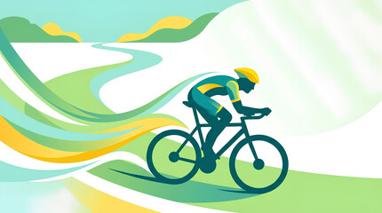 Fototapeta premium Cyclist speeds along a stylized path with flowing green and yellow ribbons of motion to convey high performance, speed, and endurance in this modern vector graphic design.
