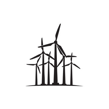 Group of wind turbines in a field dark monochromatic silhouette windmills energy