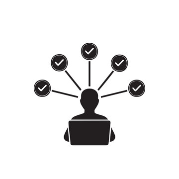 Person with laptop and radiating checkmark circles flat silhouette human figure computer