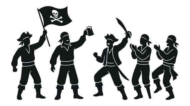Silhouettes of a group of cheerful pirates celebrating together.