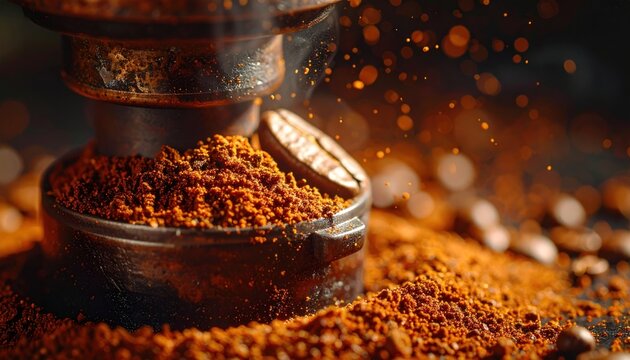 Close-up of Coffee Grinder with Ground Coffee and Beans.