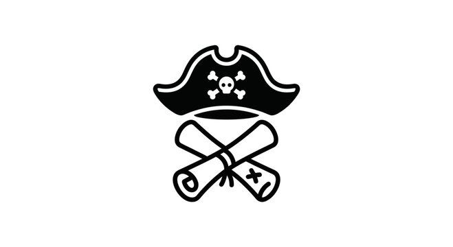 A black and white icon featuring a pirate hat above two crossed treasure maps.