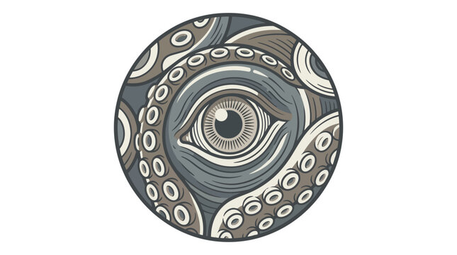 Close up detailed octopus eye surrounded by suckered tentacles.