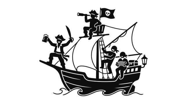 A black and white illustration of a pirate ship with crew members on deck.