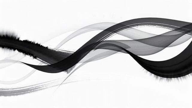 Abstract black and white flowing ink brush strokes with smooth wave patterns on white background