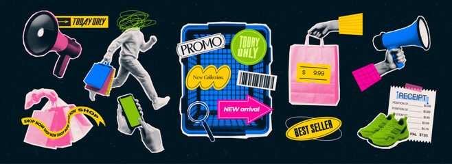 Shopping and sale halftone collage elements collection featuring shopping bags, megaphones, receipts, retail labels, promotional stickers, smartphone, shopping cart and consumer lifestyle cutouts. © katyaskrn