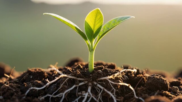 Young green plant sprouting from soil with visible roots in natural sunlight closeup