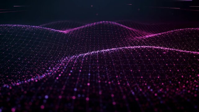 Abstract digital wave with glowing particles and grid lines in dark purple and pink colors
