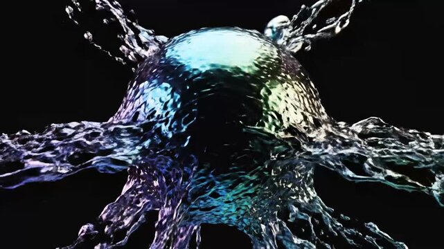 Iridescent biological cell cluster on black background.