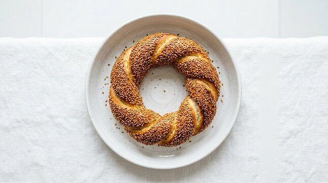 Simit Sesame Ring Bread with Turkish Tea Breakfast Set | Traditional Turkish Breakfast Commercial Stock Photo