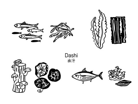 出汁の食材のイラストセット（線画）