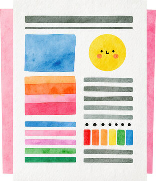 Watercolor style research report page template with charts isolated on transparent background.