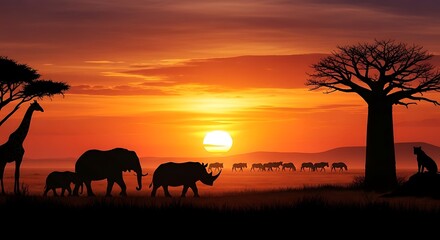 Fototapeta premium Silhouettes of african animals on savanna landscape during sunset