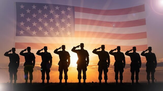 Silhouettes of American soldiers saluting at sunset with USA flag in background patriotic military tribute