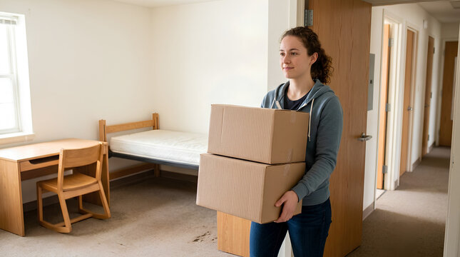 Student carries cardboard moving boxes into her new dormitory room during a sunny afternoon transition.