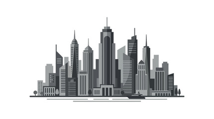 Obraz premium Detailed grayscale illustration of a modern waterfront city skyline.