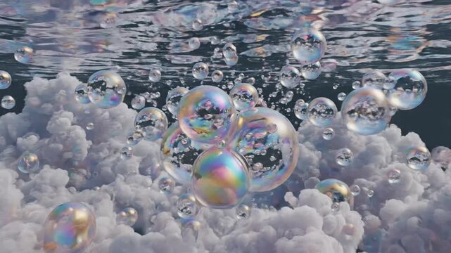 Iridescent bubbles floating in a clear liquid environment.