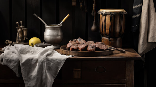 bombilla. Mate gourd with bombilla, candombe drum, and grilled asado on sideboard, Uruguayan culinary culture. event programs.