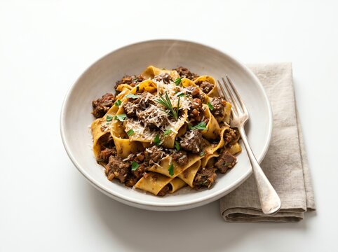 Italian pappardelle al rag&ugrave; di cinghiale wild boar pasta in ceramic bowl gourmet minimal style