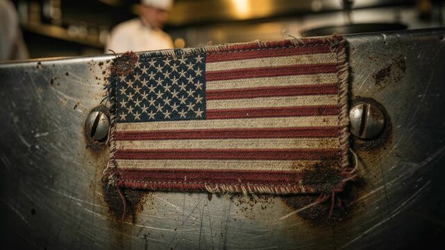 Worn American flag patch on scratched metal surface with blurred chefs in background in kitchen