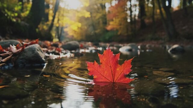 Autumn maple leaf floating in clear river surrounded by colorful fall trees