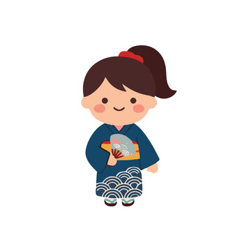 Cute Japanese girl character wearing blue yukata and holding paper fan vector illustration