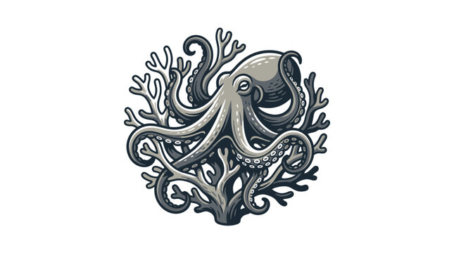 Detailed octopus swimming through a dense coral reef.