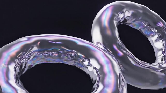 Iridescent fluid glass shapes on a dark background