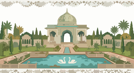 Botanical Mughal Garden Wallpaper Vector with Architectural Arch Swan and Lily Lake © MdArif
