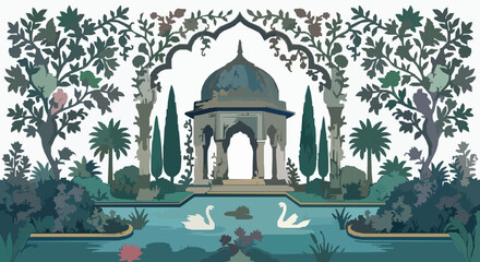 Mughal Garden Arch and Dome Vector Wallpaper with Botanical Landscape Swan and Water Lily © MdArif