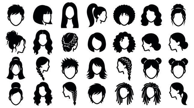 Diverse collection of female hairstyle silhouettes featuring various lengths and textures like curly hair braids and buns for modern avatar design and fashion