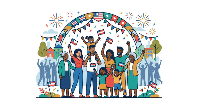 Diverse people celebrating with flags and bunting