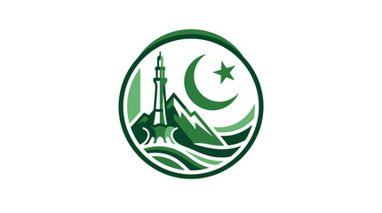 Obraz premium Islamic Landmark Logo: Mosque, Crescent Moon, Star, Mountains