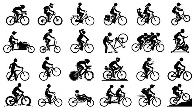 Collection of diverse cycling silhouettes showing various activities and bicycle types